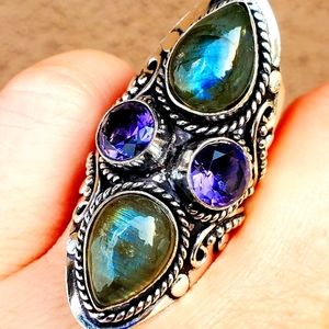 New Huge Labradorite & Amethyst 925 Silver Statement Ring.